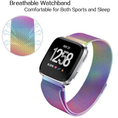 LARGE Strap Band for Fitbit Versa, Milanese Loop Stainless Steel Replacement Bracelet - COLOURFUL