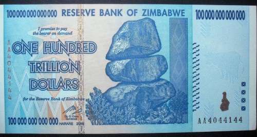 Zimbabwe Note: One Hundred Trillion Uncirculated
