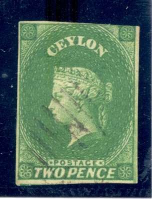 Ceylon 1857 2 pence *** SG 3a - Yellow Green *** CV=R1980 *** M FU *** Vintage and difficult to find