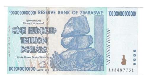 ZIMBABWE 100 TRILLION DOLLAR AA prefix 2008 Harare Issue, Wednesday auction starting at R1