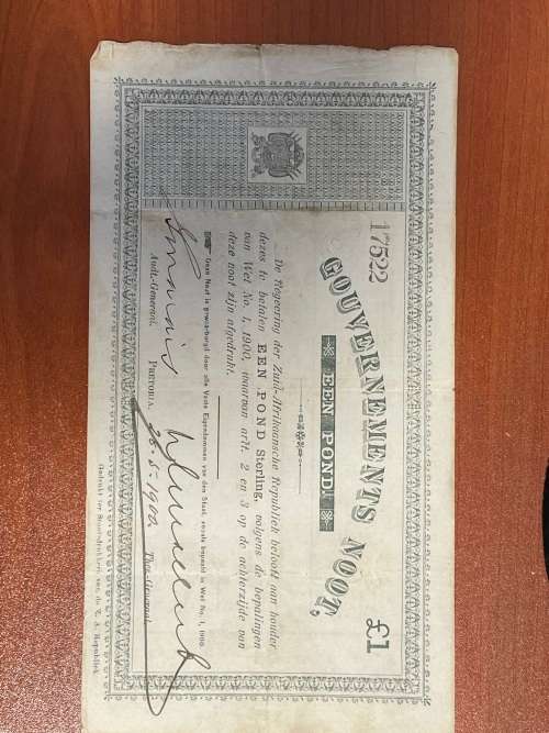 ZAR Government Noot £1 Pretoria dated 28/5/1900
