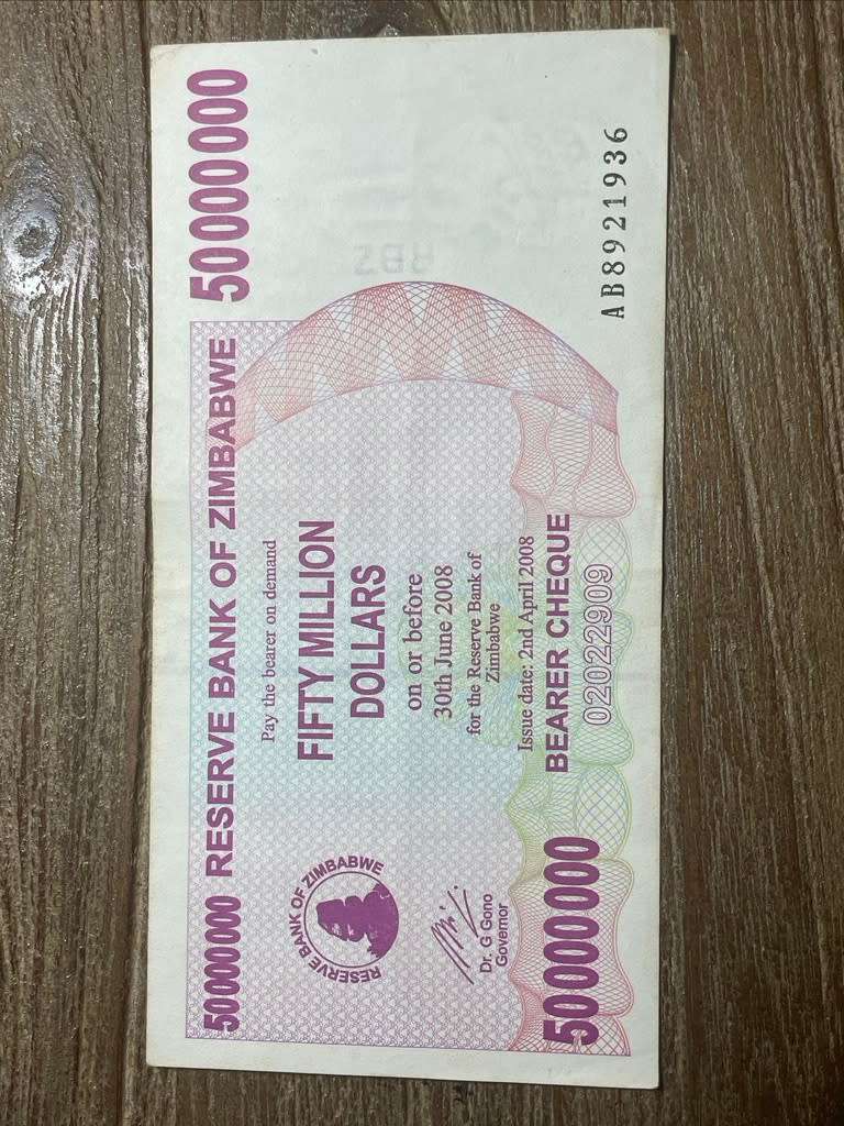 Zimbabwe  ***  50 million  ***  2008 Bearer Cheque  ***  Very collectable and crisp