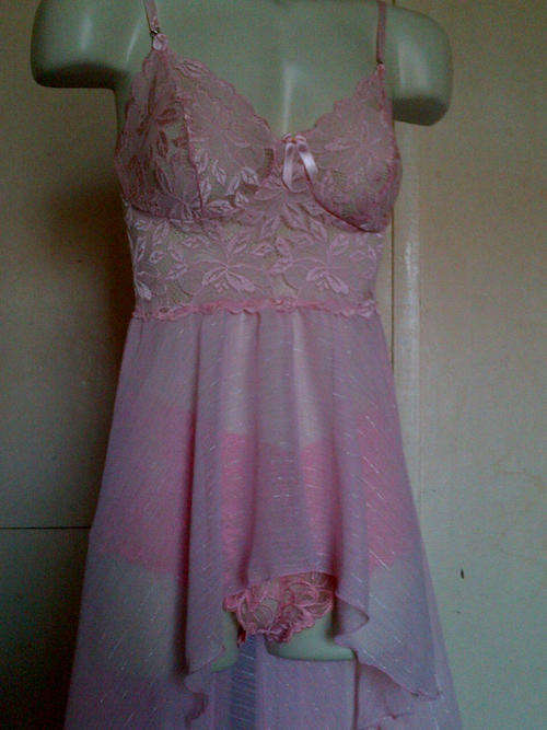 Peach Stretch Lace and Chiffon baby doll with matching hotpants.