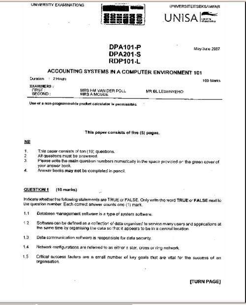 Unisa Past  Exam Papers