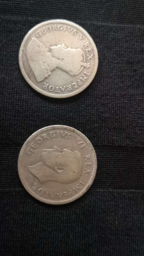 2 Silver SA Shilling coins (1932, 1943)