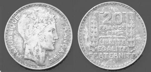 FRANCE: 1933 Silver 20F "Turin" coin