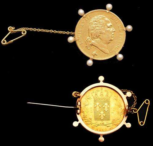 Antique brooch with gold coin and pearls