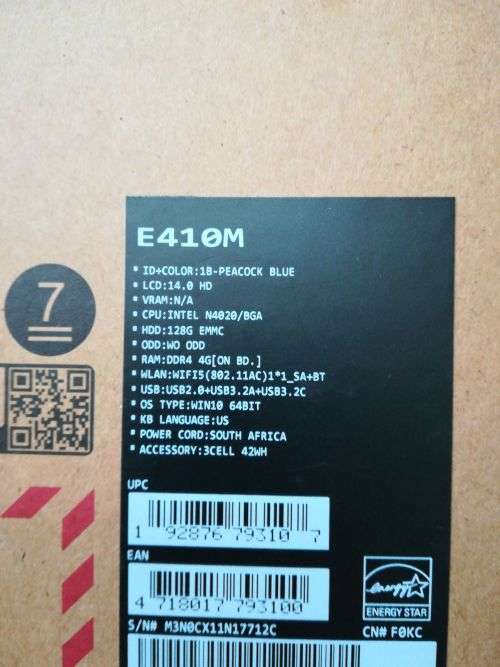 ASUS E410 4GB ram 128GB memory