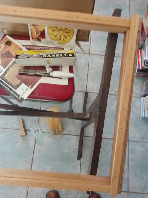 Danella carpet needle and wooden stand and frame with instruction book. Used to make rugs