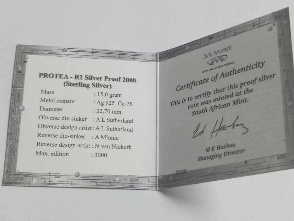 DISCOUNT!!! 2000 Silver Protea One Rand PROOF