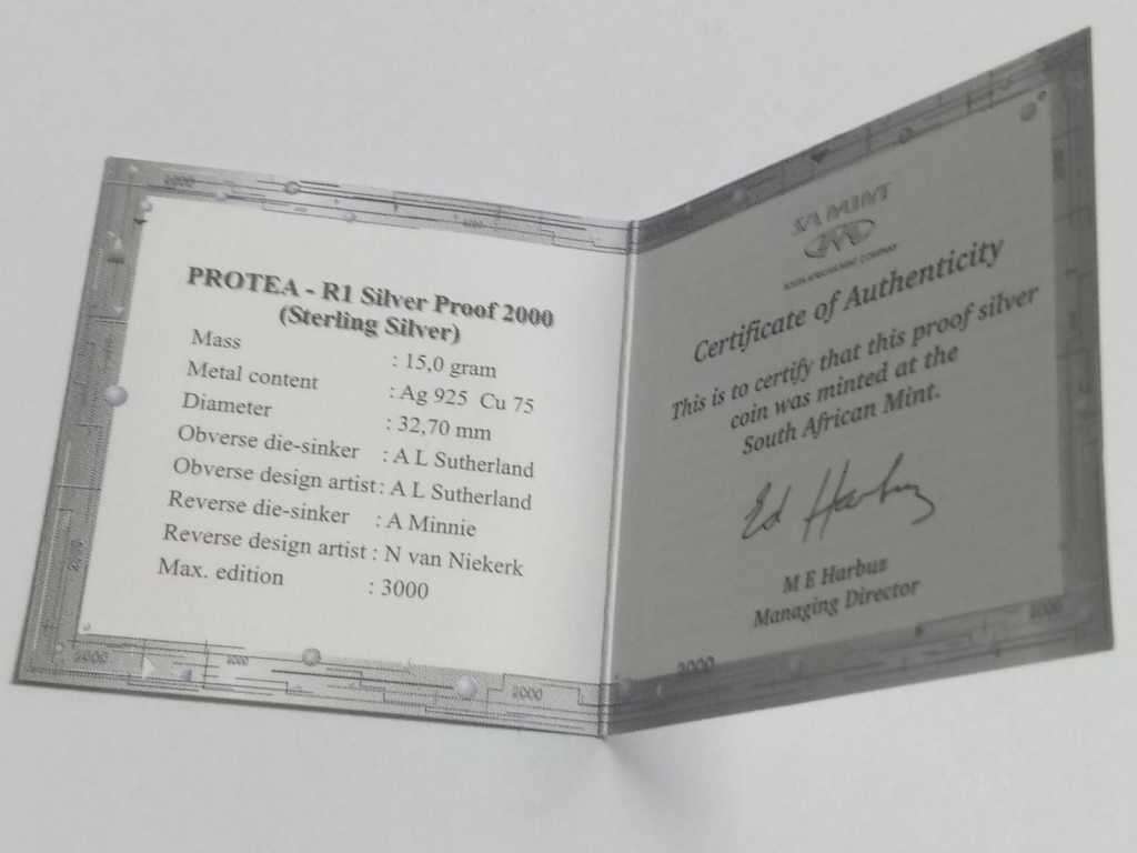DISCOUNT!!! 2000 Silver Protea One Rand PROOF