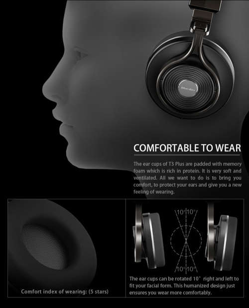 Bluetooth Headphones - Bluedio T3 Plus - Memory foam - 3D Sound Effect - Micro SD Card Slot -  Black