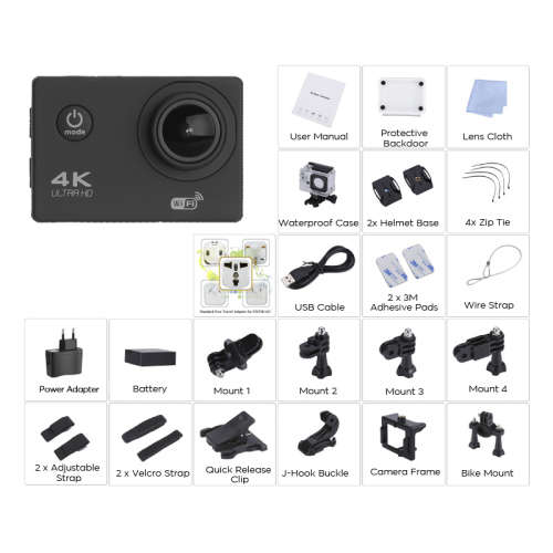 4K Sports Camera - Sony 179 Sensor, 30fps, 170-Degree Lens, 16MP, IP68 Case,HDMI Out, 2-Inch Display