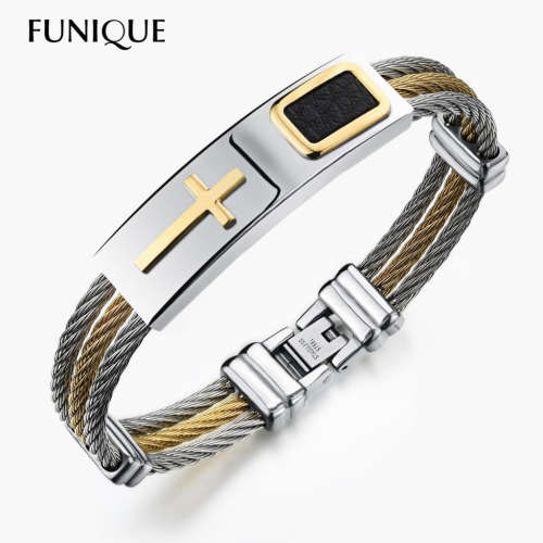 Men's Bracelet 3 Rows Wire Chain - Christian - Stainless Steel - Some Leather