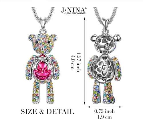 J.NINA "Bear Princess" Made with Pink Swarovski Crystals Cute Bear Design Women Jewelry Necklace