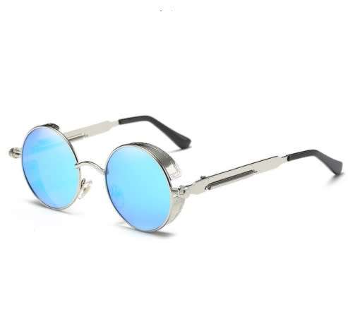 Men Polarized Sunglasses Gothic Steampunk - Silver Frame/Blue Lens