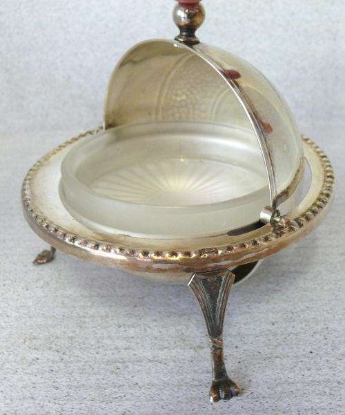 Beautiful Silver Plated Footed Butter Dish with Glass Inlay