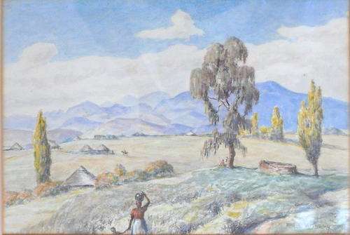 Honorine Margaret (Mabel) Withers (SA 1870 - 1956 ) Watercolour, "Figures in a rural landscape"