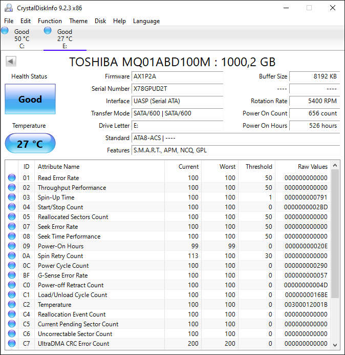 Toshiba 1TB Internal Hard Drive 2.5` - GOOD HEALTH