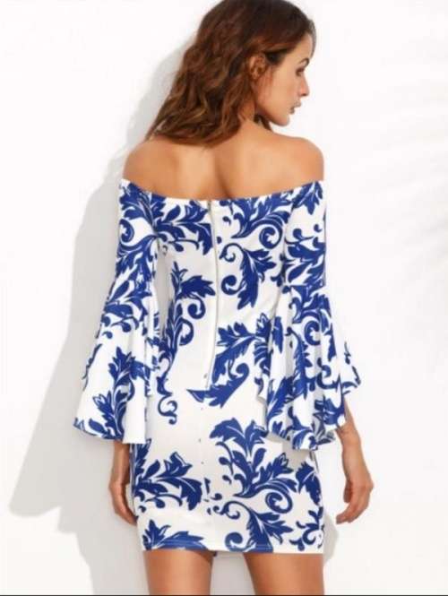 TRENDY OFF SHOULDER FLARE SLEEVE BODYCON PRINT DRESS - S/M/L/XL
