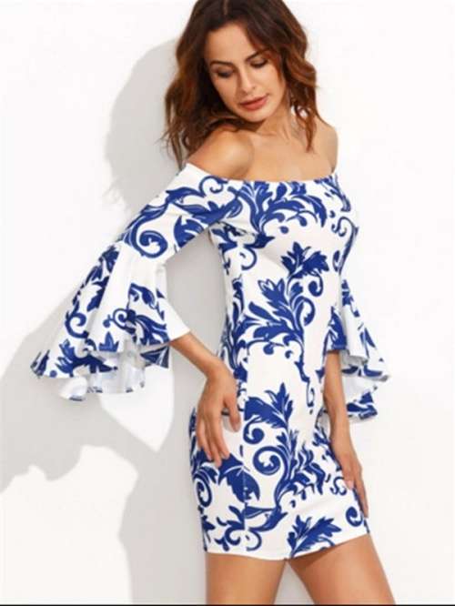 TRENDY OFF SHOULDER FLARE SLEEVE BODYCON PRINT DRESS - S/M/L/XL