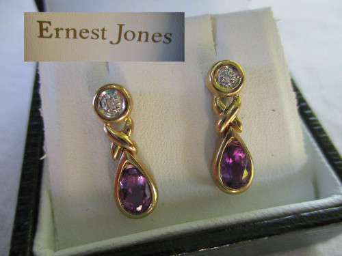 WOW!!!!~GENUINE AS NEW ERNEST JONES UK DESIGNER GOLD & DIAMOND AMETHYST DROP EARRINGS SIGNED