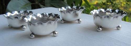 4 MATCHING RARE VICTORIAN WAVY EDGE SILVER SALTS ON BUN FEET~BIRMINGHAM 1891 DAMAGE FREE