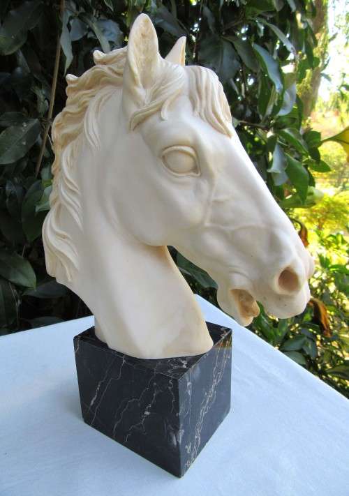 STATELY LARGE COMPOSITION HORSE HEAD BUST ON MARBLE BASE SIGNED A SANTINI