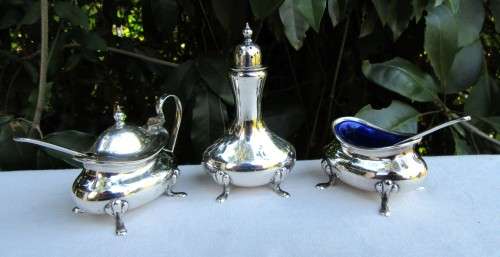 VINTAGE SILVER PLATED CRUET SET with feet~SALT, MUSTARD AND PEPPERETTE WITH SPOONS