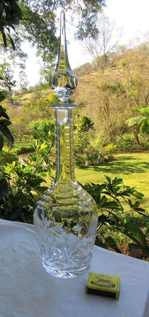 A MOST BEAUTIFUL LARGE CRYSTAL DECANTER WITH TALL STOPPER AND WINE LABEL~DAMAGE FREE!!!!