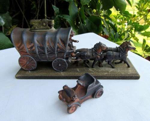 RARE~METAL HORSE DRAWN WAGON TABLE LIGHTER~PLUS VTG CAR CIGAR CUTTER