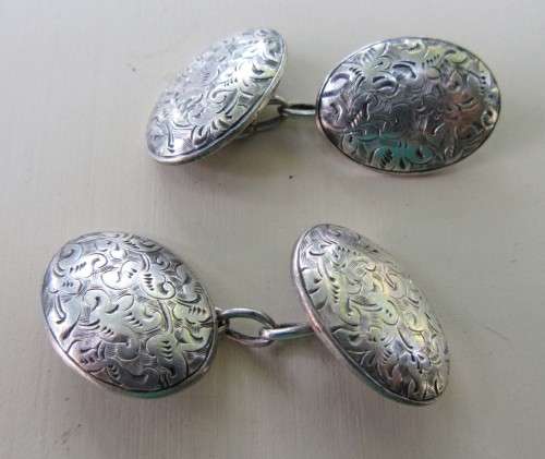 COLLECTABLE EDWARDIAN SOLID SILVER HM CHASED PATTERNED CUFF LINKS C1907