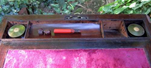 BRASS BOUND ANTIQUE FIGURED MAHOGANY WRITING SLOP~ORIGINAL INK BOTTLES WOW!!!