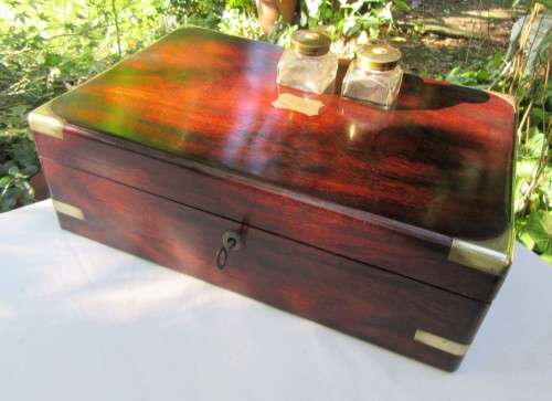 BRASS BOUND ANTIQUE FIGURED MAHOGANY WRITING SLOP~ORIGINAL INK BOTTLES WOW!!!