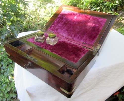 BRASS BOUND ANTIQUE FIGURED MAHOGANY WRITING SLOP~ORIGINAL INK BOTTLES WOW!!!