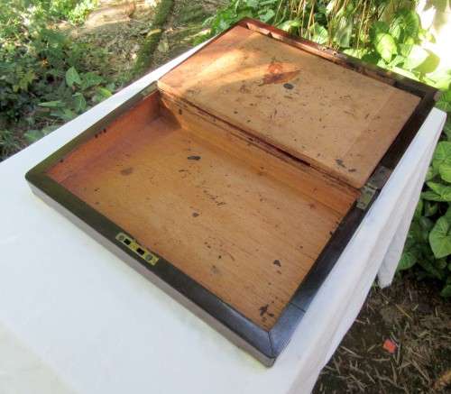 BRASS BOUND ANTIQUE FIGURED MAHOGANY WRITING SLOP~ORIGINAL INK BOTTLES WOW!!!