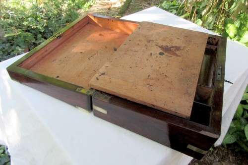 BRASS BOUND ANTIQUE FIGURED MAHOGANY WRITING SLOP~ORIGINAL INK BOTTLES WOW!!!