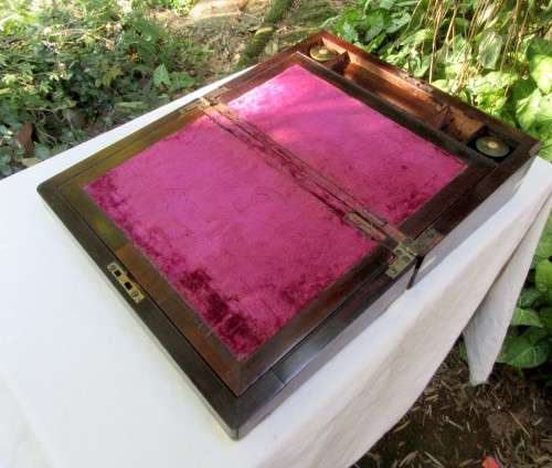 BRASS BOUND ANTIQUE FIGURED MAHOGANY WRITING SLOP~ORIGINAL INK BOTTLES WOW!!!