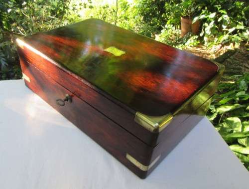 BRASS BOUND ANTIQUE FIGURED MAHOGANY WRITING SLOP~ORIGINAL INK BOTTLES WOW!!!