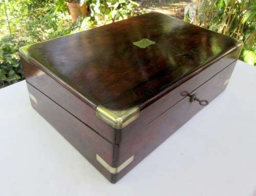 BRASS BOUND ANTIQUE FIGURED MAHOGANY WRITING SLOP~ORIGINAL INK BOTTLES WOW!!!