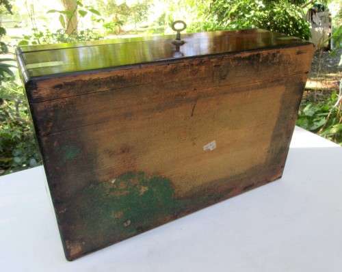 BRASS BOUND ANTIQUE FIGURED MAHOGANY WRITING SLOP~ORIGINAL INK BOTTLES WOW!!!