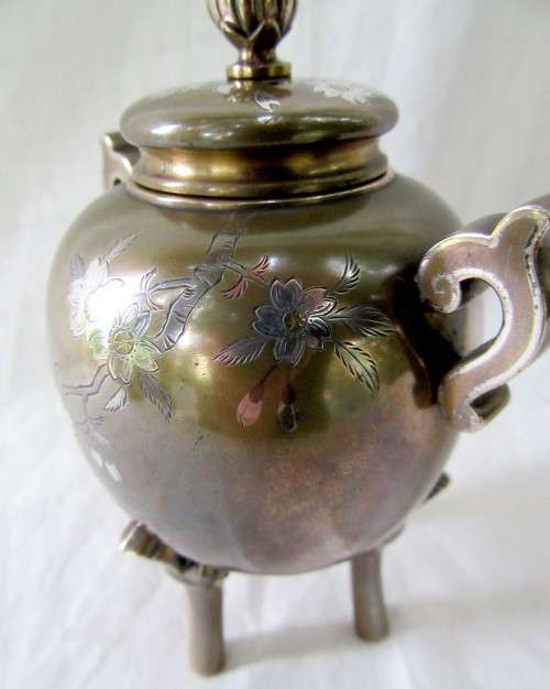MAGNIFICENT GENUINE ANTIQUE JAPANESE MEIJII PERIOD BRONZE CENSER INSENSE GOLD & SILVER INLAY~SIGNED