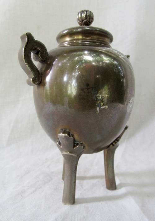 MAGNIFICENT GENUINE ANTIQUE JAPANESE MEIJII PERIOD BRONZE CENSER INSENSE GOLD & SILVER INLAY~SIGNED
