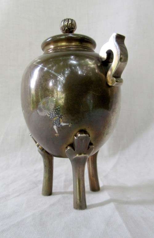 MAGNIFICENT GENUINE ANTIQUE JAPANESE MEIJII PERIOD BRONZE CENSER INSENSE GOLD & SILVER INLAY~SIGNED