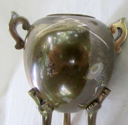 MAGNIFICENT GENUINE ANTIQUE JAPANESE MEIJII PERIOD BRONZE CENSER INSENSE GOLD & SILVER INLAY~SIGNED