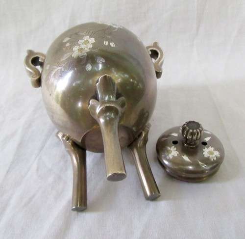 MAGNIFICENT GENUINE ANTIQUE JAPANESE MEIJII PERIOD BRONZE CENSER INSENSE GOLD & SILVER INLAY~SIGNED