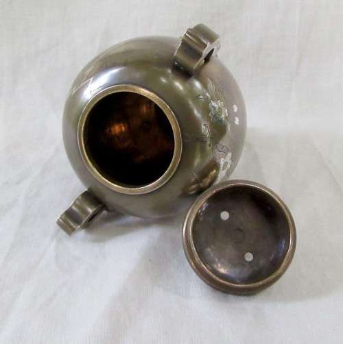 MAGNIFICENT GENUINE ANTIQUE JAPANESE MEIJII PERIOD BRONZE CENSER INSENSE GOLD & SILVER INLAY~SIGNED