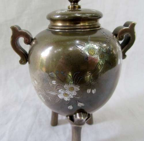 MAGNIFICENT GENUINE ANTIQUE JAPANESE MEIJII PERIOD BRONZE CENSER INSENSE GOLD & SILVER INLAY~SIGNED