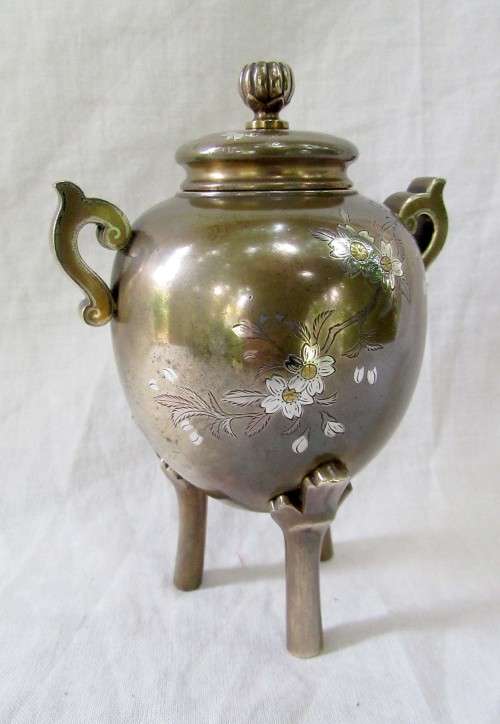 MAGNIFICENT GENUINE ANTIQUE JAPANESE MEIJII PERIOD BRONZE CENSER INSENSE GOLD & SILVER INLAY~SIGNED