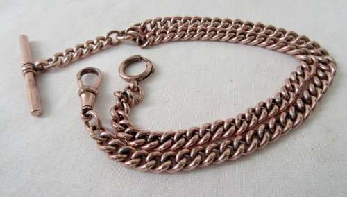 COLLECTIBLE ANTIQUE DOUBLE ROSE GOLD PLATED FOB CHAIN AND BAR 44 CM~IDEAL NECKLACE